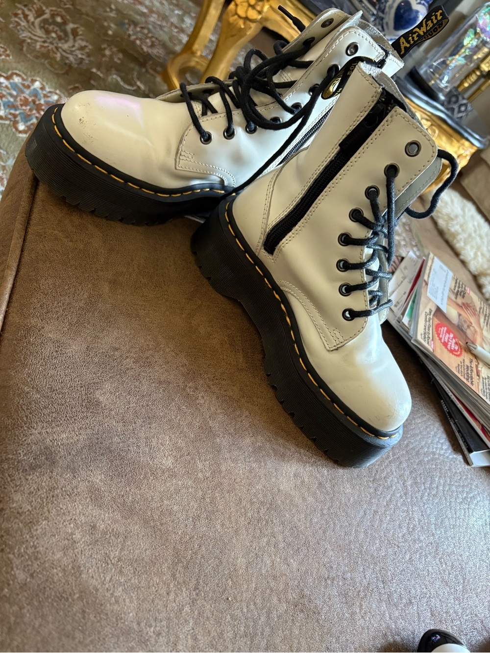 Dr. Martens White Lace-Up Platform Combat Boots with Black Sole